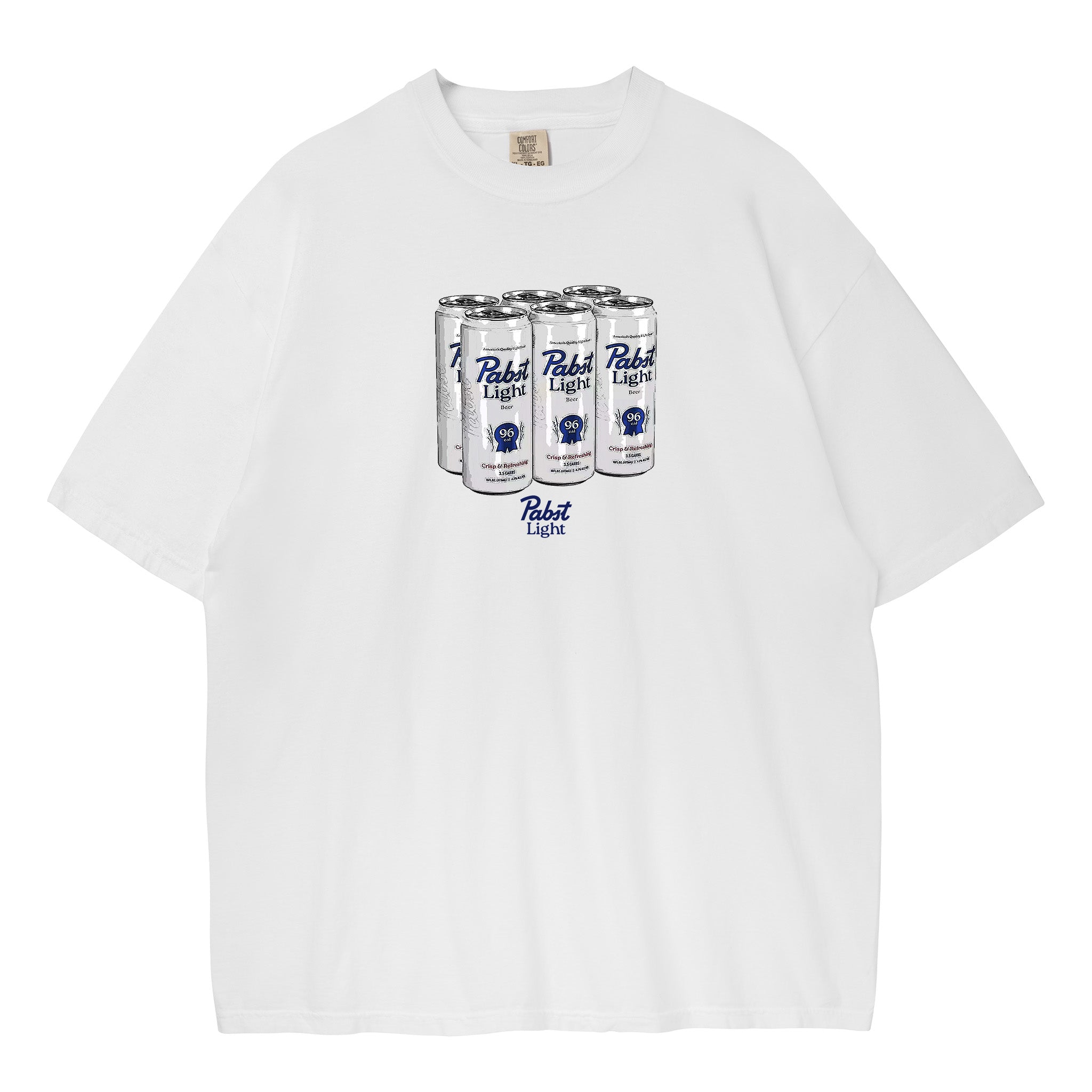 White tee featuring a graphic of Pabst Light beer