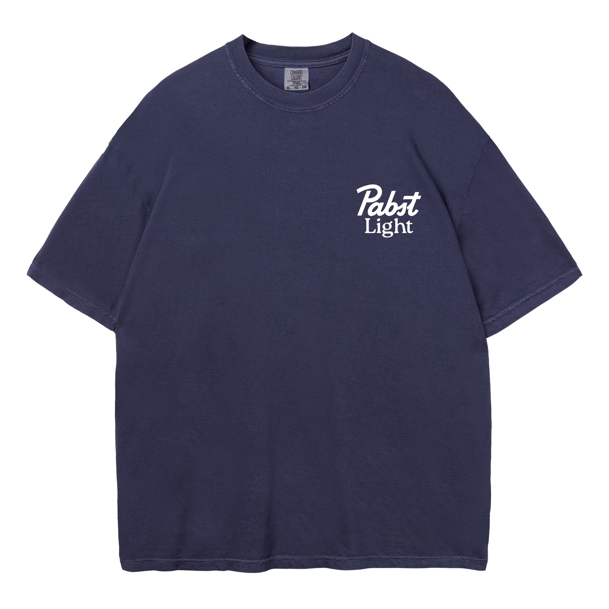 A navy blue short-sleeve crewneck t-shirt with 'Pabst Light' printed in white script on the left chest, displayed flat against a solid white background.
