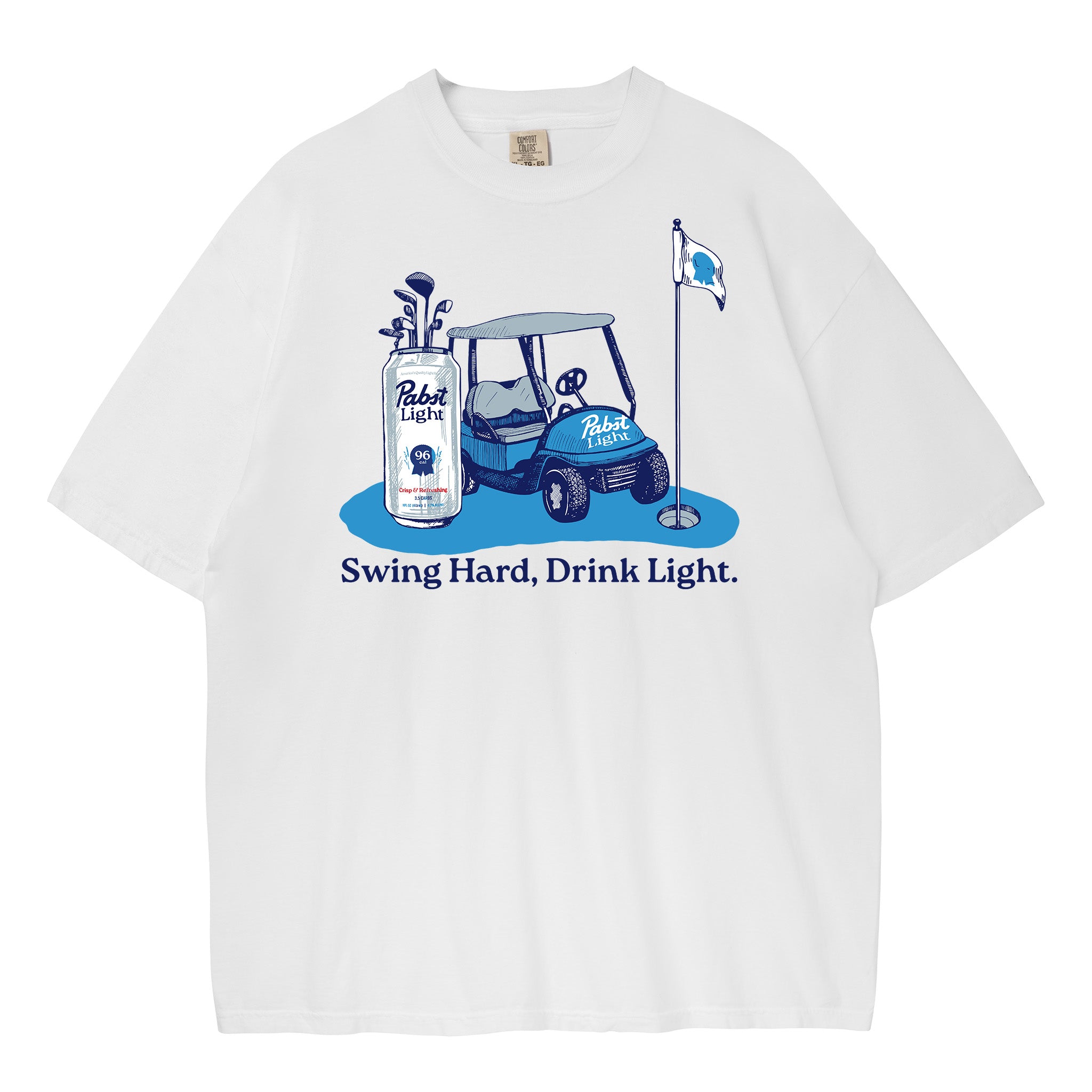 A white short-sleeve t-shirt featuring a blue graphic of a golf cart, a golf bag, a flag, and the text 'Swing Hard, Drink Light.' printed on the front.