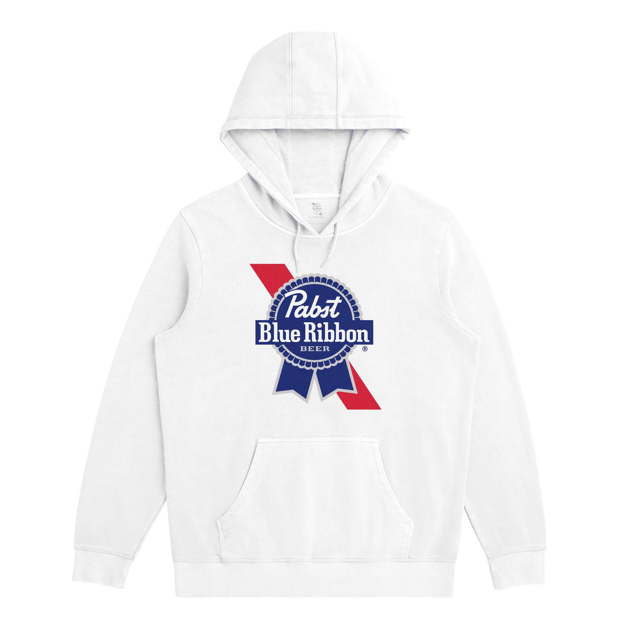 White hoodie with Pabst Blue Ribbon logo