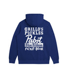 Navy blue hoodie with Grillo's Pickles and Pabst Blue Ribbon in white text on the back