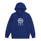 Blue hoodie with a white Pabst and Grillo's Pickles logo.