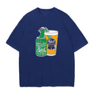 Navy blue t-shirt with a graphic of a pickle and a can of beer on a white background