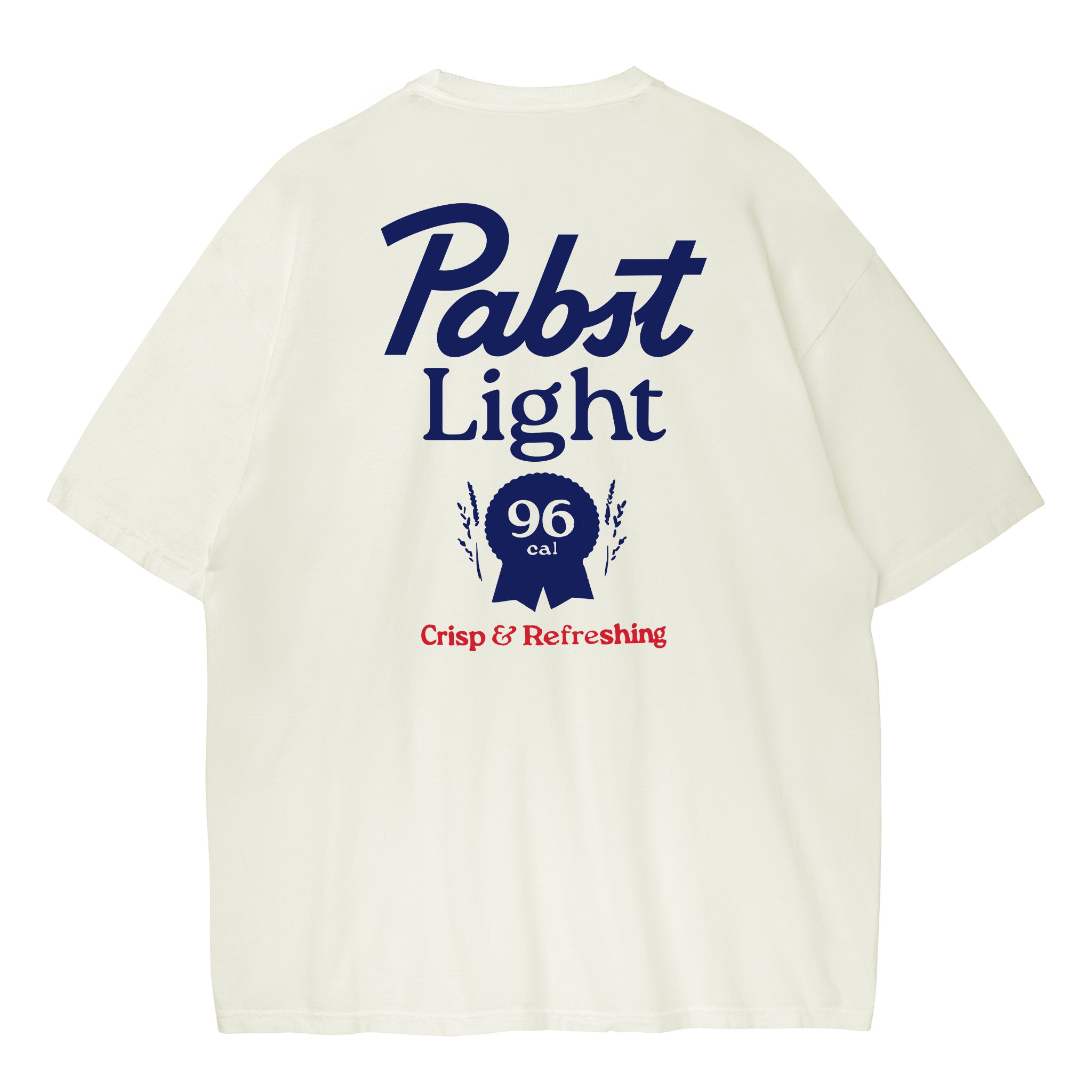 An off-white short-sleeve t-shirt showing the back side, which features a large navy blue 'Pabst Light' logo and a red 'Crisp & Refreshing' slogan printed on the back.