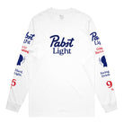 A white long-sleeve t-shirt featuring Pabst Light branding printed on the chest and both sleeves, displayed flat against a solid white background.