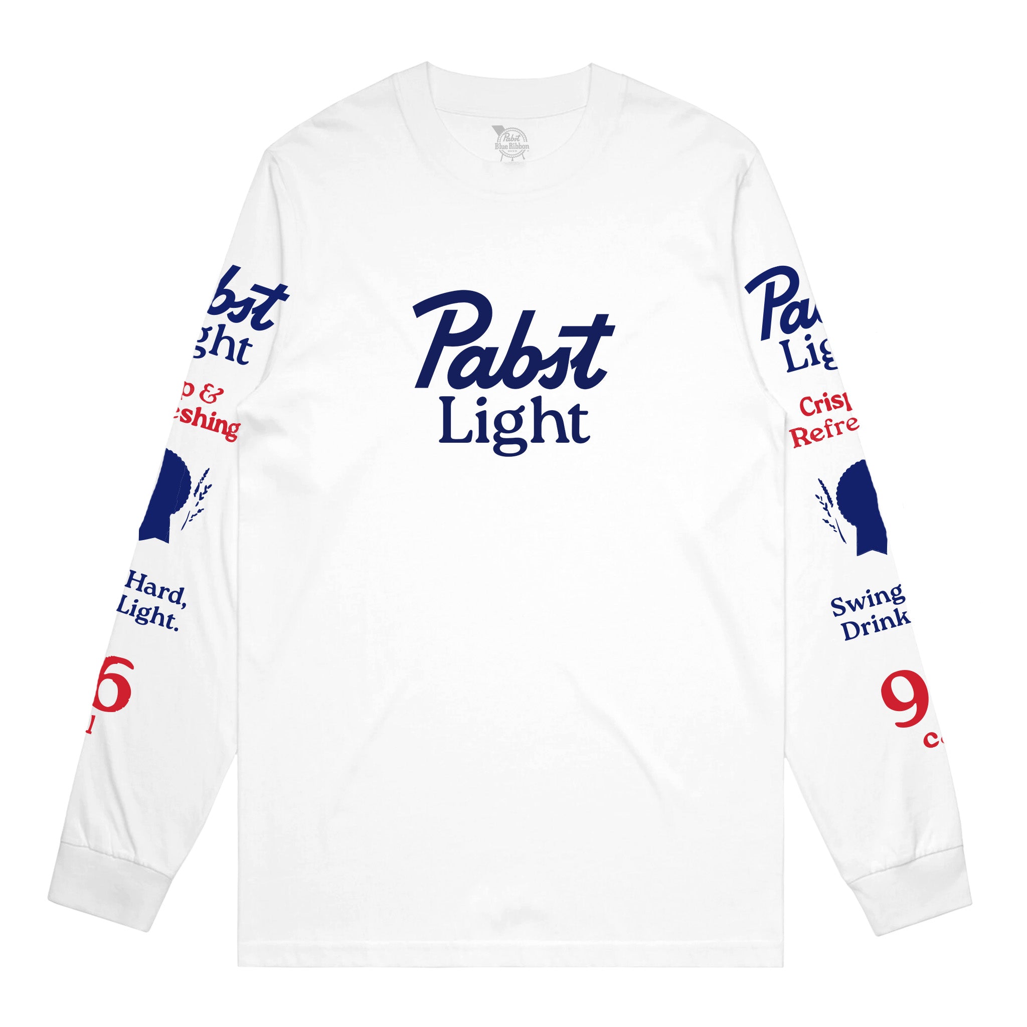 A white long-sleeve t-shirt featuring Pabst Light branding printed on the chest and both sleeves, displayed flat against a solid white background.