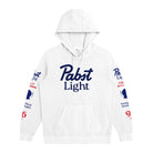 A white pullover hoodie featuring the 'Pabst Light' logo printed in navy blue across the chest, with additional red and navy text and graphics printed on both sleeves.