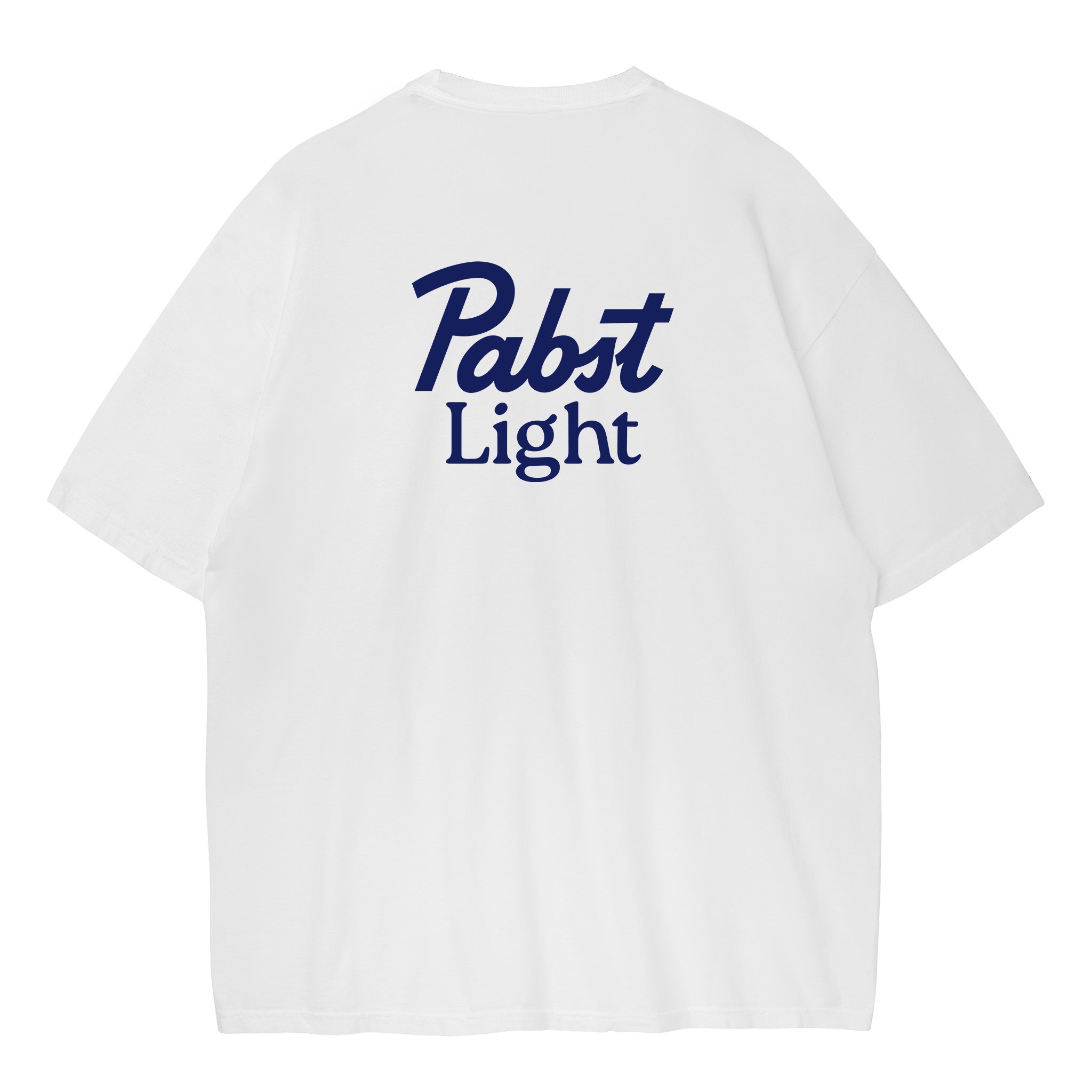 White short-sleeve T-shirt shown from the back with a large navy blue 'Pabst Light' logo printed across the upper back.
